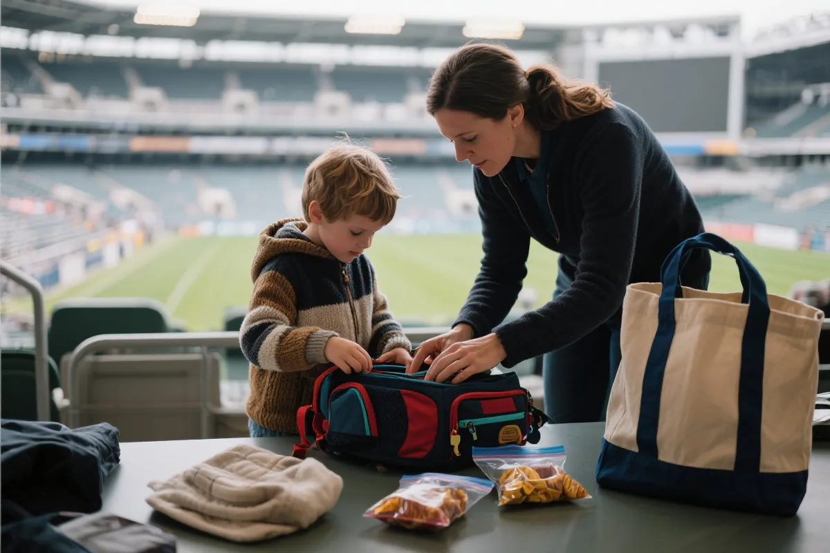 亲子观赛比赛日行李：成人包与儿童小包的分区收纳示意