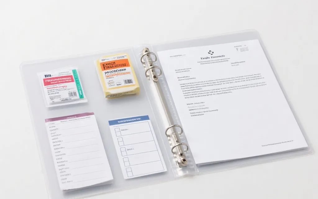 透明文件袋中整理好的英文处方、医生证明、药品原包装与旅行清单